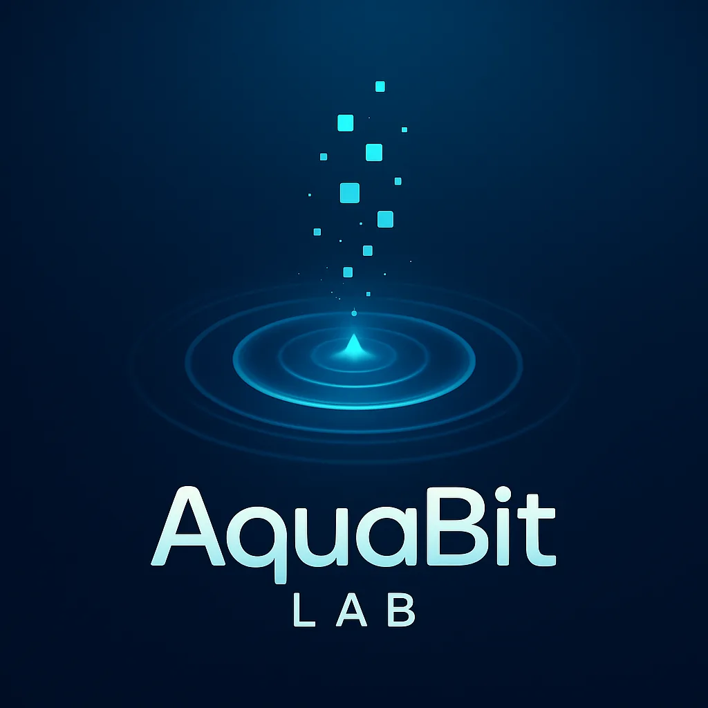 AquaBit LABのロゴ。しずくが水面に落ちて波紋が広がり、そこから四角いビットが立ちのぼる